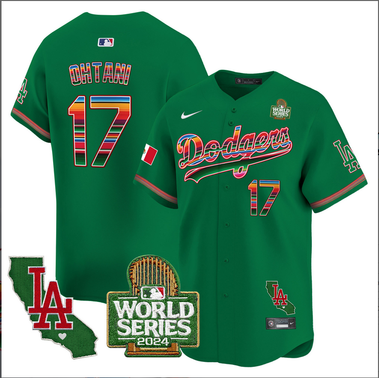 Men MLB Mexico Los Angeles Dodgers #17 Ohtani green 2024 World Series Champions Patch Jersey 20241105